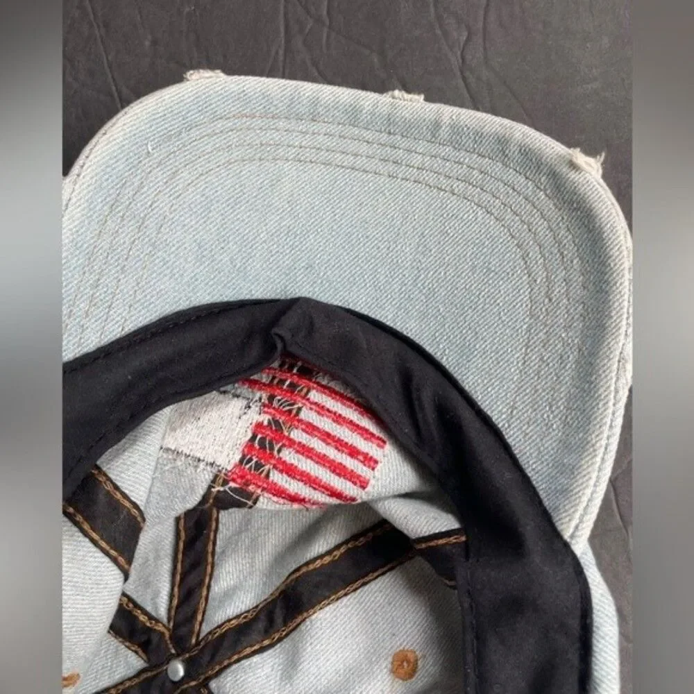 David and Young Baseball hat in distressed denim USA American flag patch…